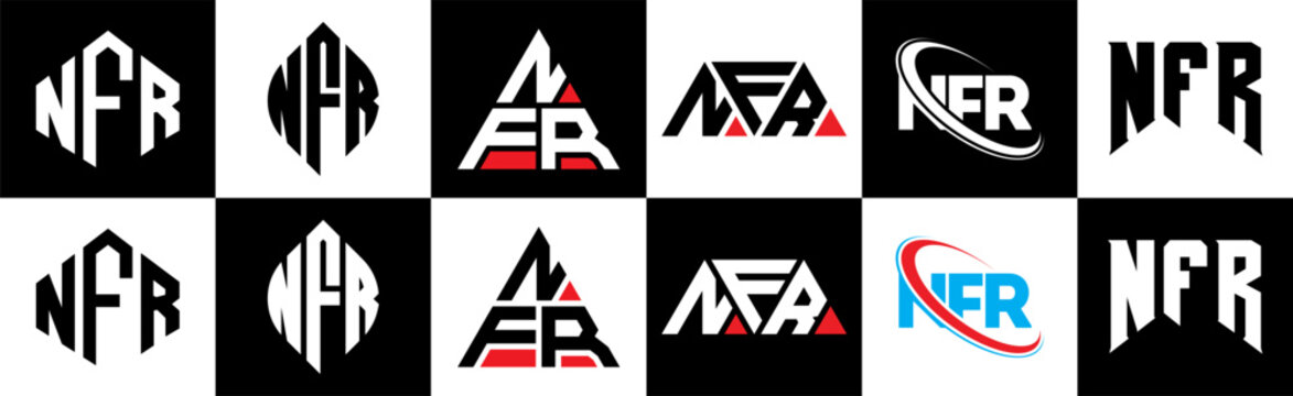 NFR letter logo design in six style. NFR polygon, circle, triangle, hexagon, flat and simple style with black and white color variation letter logo set in one artboard. NFR minimalist and classic logo
