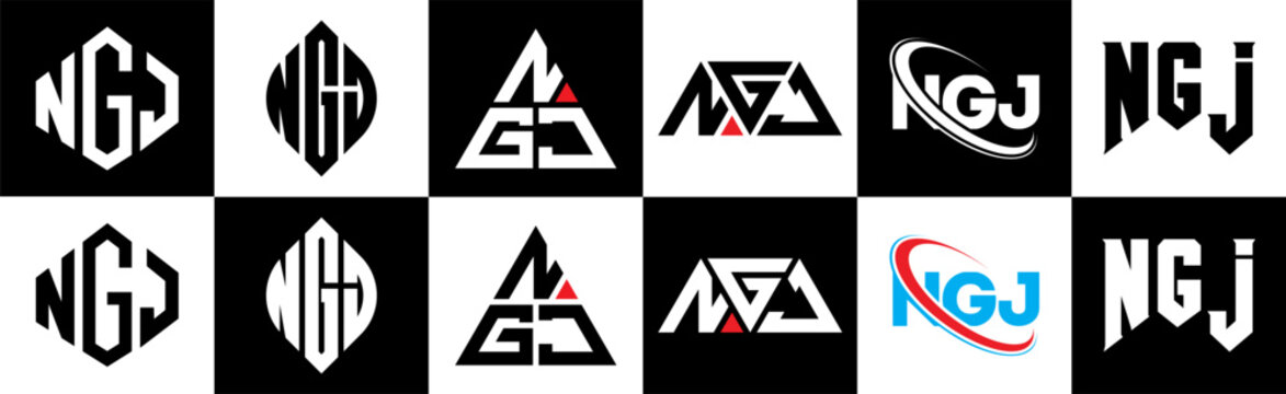 NGJ letter logo design in six style. NGJ polygon, circle, triangle, hexagon, flat and simple style with black and white color variation letter logo set in one artboard. NGJ minimalist and classic logo