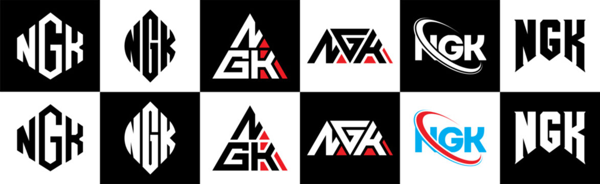 NGK letter logo design in six style. NGK polygon, circle, triangle, hexagon, flat and simple style with black and white color variation letter logo set in one artboard. NGK minimalist and classic logo