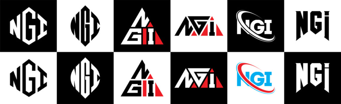 NGI letter logo design in six style. NGI polygon, circle, triangle, hexagon, flat and simple style with black and white color variation letter logo set in one artboard. NGI minimalist and classic logo