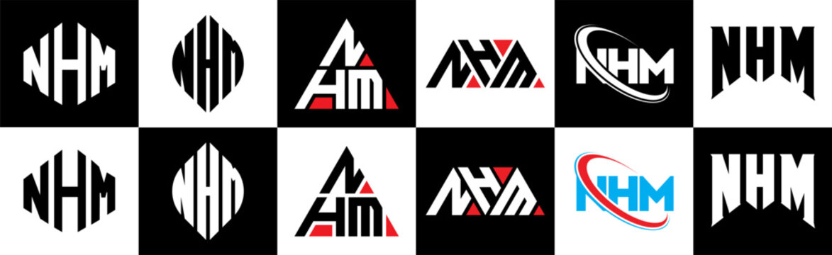 NHM letter logo design in six style. NHM polygon, circle, triangle, hexagon, flat and simple style with black and white color variation letter logo set in one artboard. NHM minimalist and classic logo