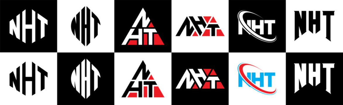 NHT letter logo design in six style. NHT polygon, circle, triangle, hexagon, flat and simple style with black and white color variation letter logo set in one artboard. NHT minimalist and classic logo