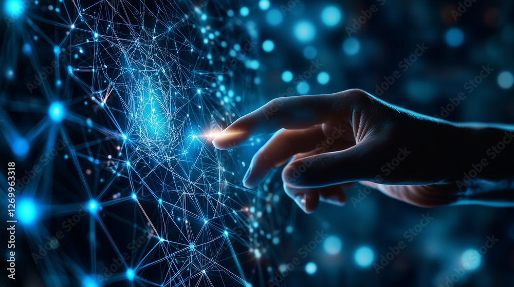 Poster a hand interacts with a glowing digital network, visualizing data connections and intricate nodes