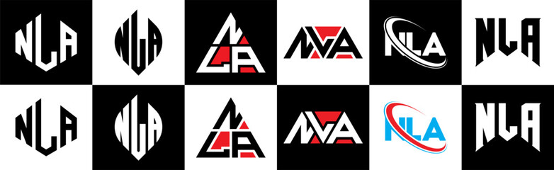 NLA letter logo design in six style. NLA polygon, circle, triangle, hexagon, flat and simple style with black and white color variation letter logo set in one artboard. NLA minimalist and classic logo