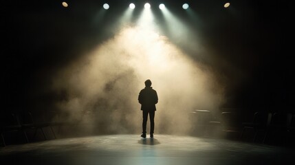 A solitary figure stands in silhouette on stage, surrounded by a smoky atmosphere and soft spotlighting, creating a dramatic and contemplative mood.