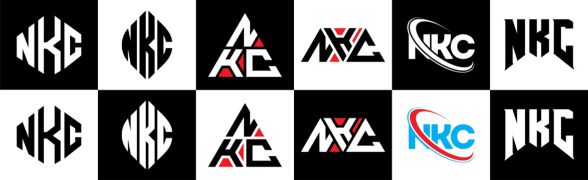 NKC letter logo design in six style. NKC polygon, circle, triangle, hexagon, flat and simple style with black and white color variation letter logo set in one artboard. NKC minimalist and classic logo
