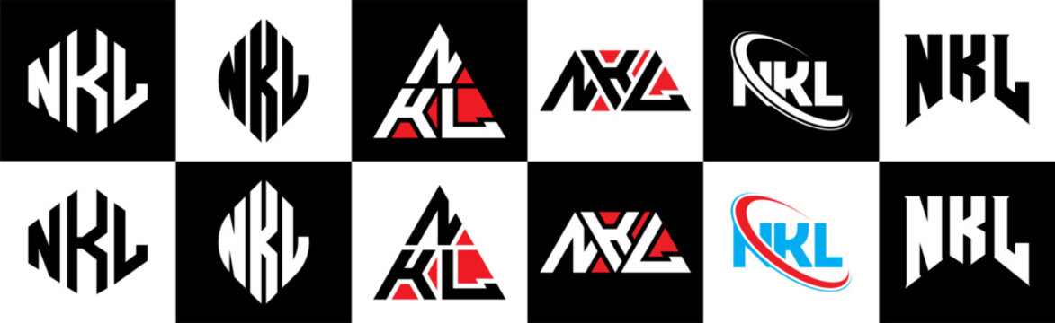 NKL letter logo design in six style. NKL polygon, circle, triangle, hexagon, flat and simple style with black and white color variation letter logo set in one artboard. NKL minimalist and classic logo