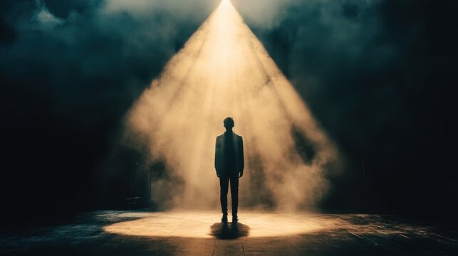 A male silhouette stands in a dramatic spotlight, surrounded by atmospheric fog, creating a captivating and mysterious mood.