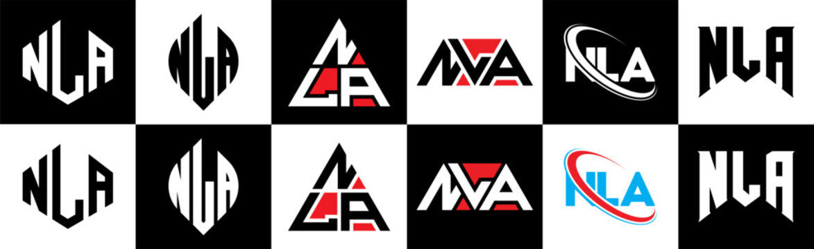 NLA letter logo design in six style. NLA polygon, circle, triangle, hexagon, flat and simple style with black and white color variation letter logo set in one artboard. NLA minimalist and classic logo
