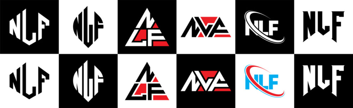 NLF letter logo design in six style. NLF polygon, circle, triangle, hexagon, flat and simple style with black and white color variation letter logo set in one artboard. NLF minimalist and classic logo