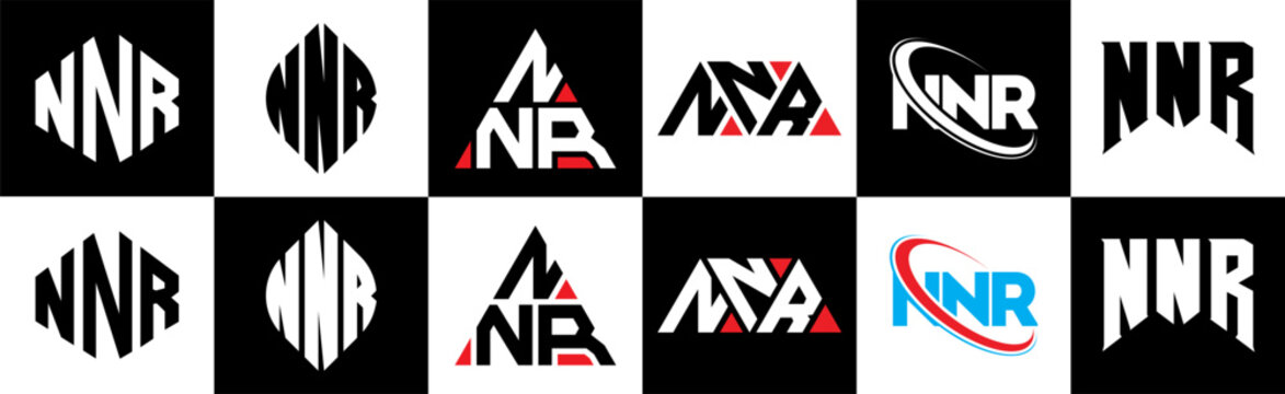 NNR letter logo design in six style. NNR polygon, circle, triangle, hexagon, flat and simple style with black and white color variation letter logo set in one artboard. NNR minimalist and classic logo