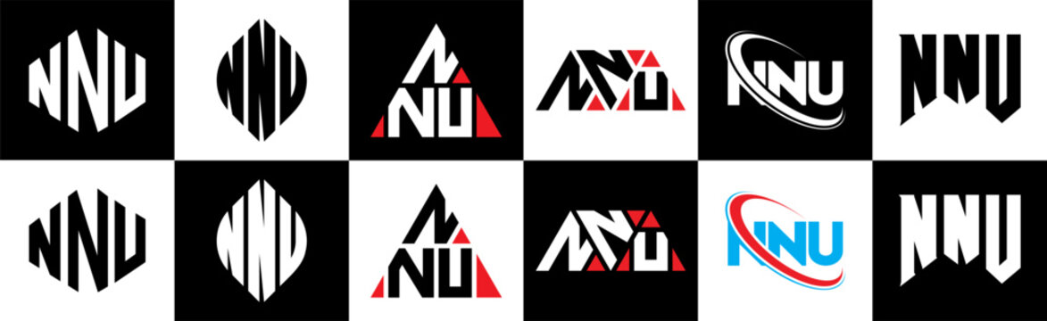 NNU letter logo design in six style. NNU polygon, circle, triangle, hexagon, flat and simple style with black and white color variation letter logo set in one artboard. NNU minimalist and classic logo