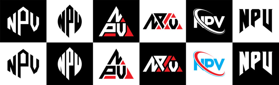 NPV letter logo design in six style. NPV polygon, circle, triangle, hexagon, flat and simple style with black and white color variation letter logo set in one artboard. NPV minimalist and classic logo