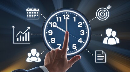 A clock face displaying time with business icons surrounding it