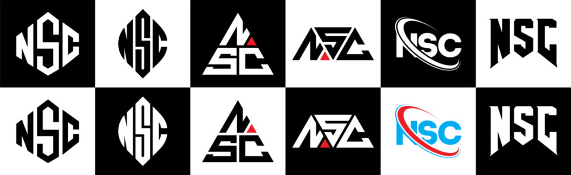 NSC letter logo design in six style. NSC polygon, circle, triangle, hexagon, flat and simple style with black and white color variation letter logo set in one artboard. NSC minimalist and classic logo