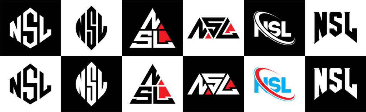 NSL letter logo design in six style. NSL polygon, circle, triangle, hexagon, flat and simple style with black and white color variation letter logo set in one artboard. NSL minimalist and classic logo