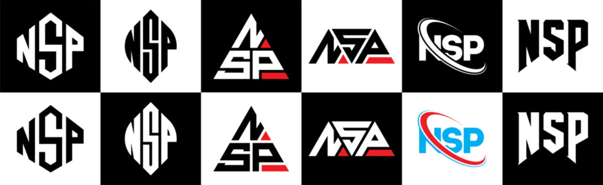 NSP letter logo design in six style. NSP polygon, circle, triangle, hexagon, flat and simple style with black and white color variation letter logo set in one artboard. NSP minimalist and classic logo