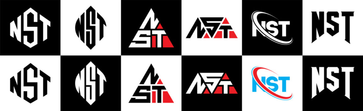 NST letter logo design in six style. NST polygon, circle, triangle, hexagon, flat and simple style with black and white color variation letter logo set in one artboard. NST minimalist and classic logo