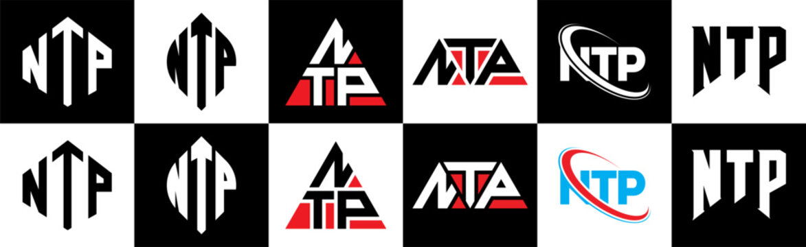 NTP letter logo design in six style. NTP polygon, circle, triangle, hexagon, flat and simple style with black and white color variation letter logo set in one artboard. NTP minimalist and classic logo