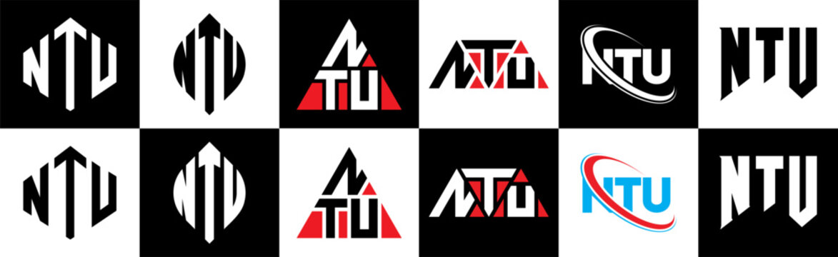 NTU letter logo design in six style. NTU polygon, circle, triangle, hexagon, flat and simple style with black and white color variation letter logo set in one artboard. NTU minimalist and classic logo