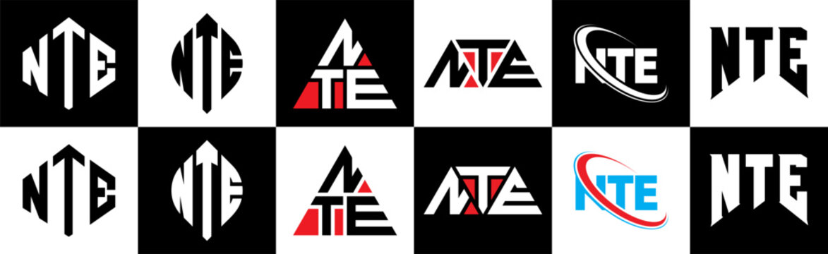 NTE letter logo design in six style. NTE polygon, circle, triangle, hexagon, flat and simple style with black and white color variation letter logo set in one artboard. NTE minimalist and classic logo