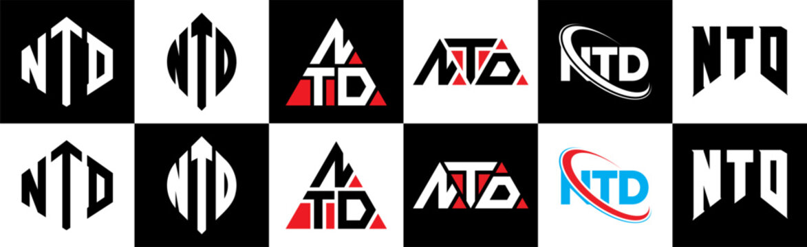 NTD letter logo design in six style. NTD polygon, circle, triangle, hexagon, flat and simple style with black and white color variation letter logo set in one artboard. NTD minimalist and classic logo
