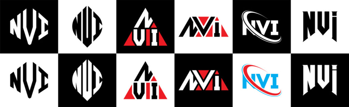 NVI letter logo design in six style. NVI polygon, circle, triangle, hexagon, flat and simple style with black and white color variation letter logo set in one artboard. NVI minimalist and classic logo