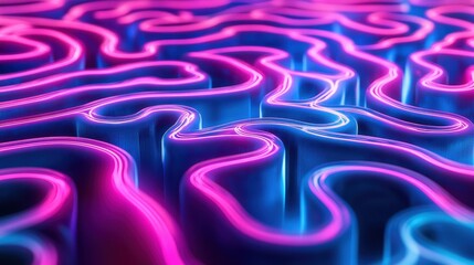 An abstract close-up of vibrant neon light trails in pink and blue, creating fluid, wave-like patterns against a dark background.