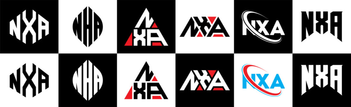 NXA letter logo design in six style. NXA polygon, circle, triangle, hexagon, flat and simple style with black and white color variation letter logo set in one artboard. NXA minimalist and classic logo