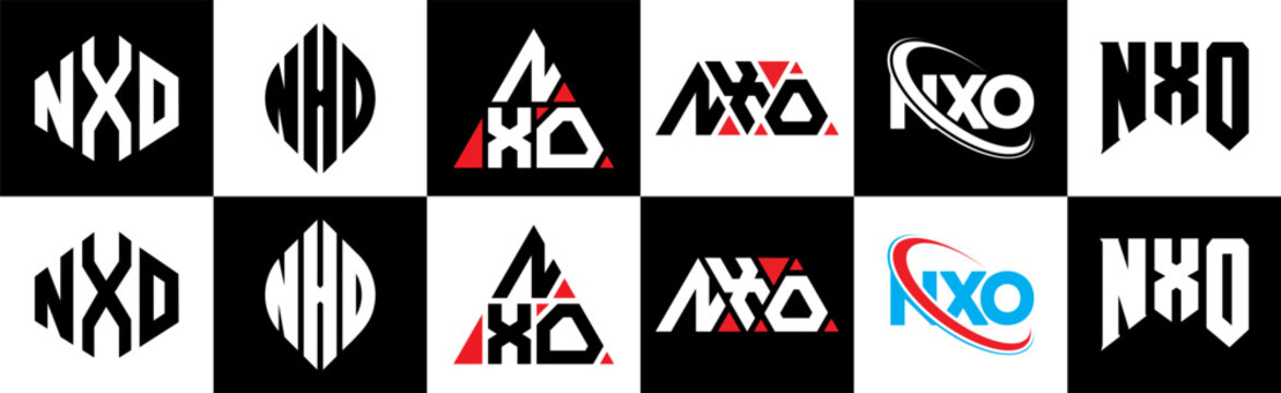 NXO letter logo design in six style. NXO polygon, circle, triangle, hexagon, flat and simple style with black and white color variation letter logo set in one artboard. NXO minimalist and classic logo
