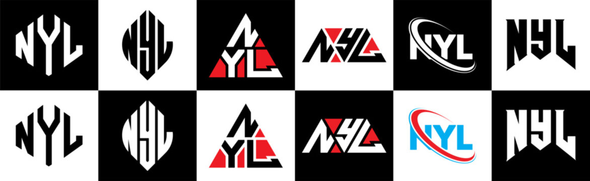 NYL letter logo design in six style. NYL polygon, circle, triangle, hexagon, flat and simple style with black and white color variation letter logo set in one artboard. NYL minimalist and classic logo