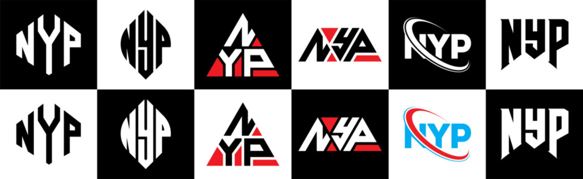 NYP letter logo design in six style. NYP polygon, circle, triangle, hexagon, flat and simple style with black and white color variation letter logo set in one artboard. NYP minimalist and classic logo