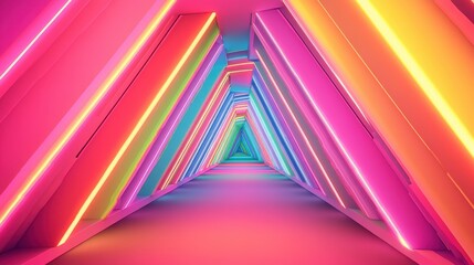 A vibrant, illuminated corridor featuring colorful neon lights and geometric shapes, creating a futuristic and immersive atmosphere.