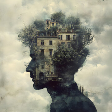 <Creative Double Exposure Silhouette Portrait of Man and Nature in Harmony with Dreamy Landscape and Urban Architecture>