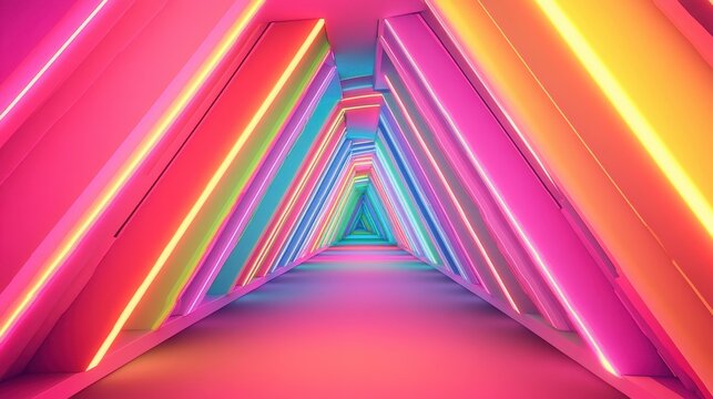 A vibrant, illuminated corridor featuring colorful neon lights and geometric shapes, creating a futuristic and immersive atmosphere.