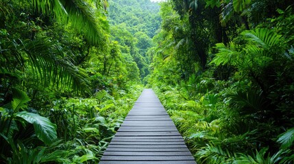 Wooden path through lush tropical jungle