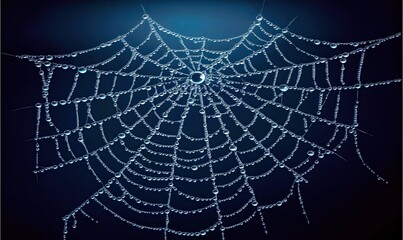 A dew-covered spider web, highlighted against a darkened background.