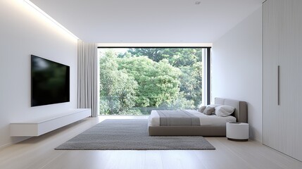Modern Bedroom with Forest View. Interior Design.  Possible Use Stock Photo