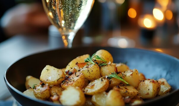 A dish of potatoes complemented by a glass of champagne, suitable for a memorable occasion or festive dinner.
