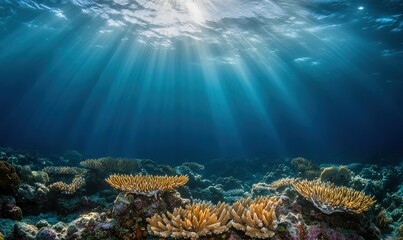 Fototapeta premium A lively underwater coral reef scene illuminated by sunbeams.