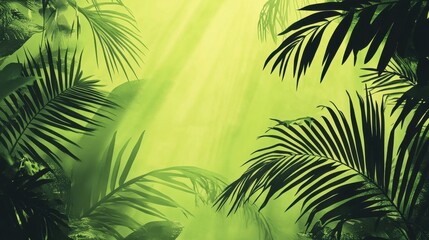 A vibrant green jungle scene with lush palm leaves, illuminated by soft sunlight filtering through the canopy, creating a tranquil atmosphere.