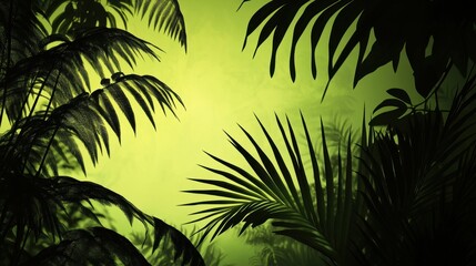 Lush green foliage silhouetted against a vibrant green background, creating a calm and serene atmosphere reminiscent of a tropical paradise.