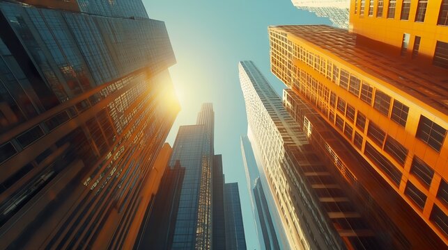 Low angle view of towering modern skyscrapers.