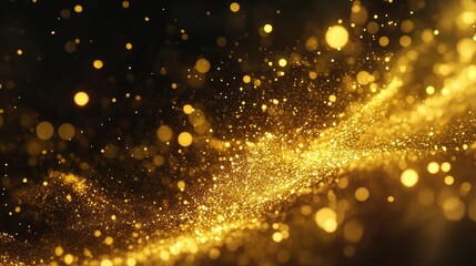 A mesmerizing abstract background featuring a cascade of shimmering golden particles floating in a dark space, evoking elegance and celebration.