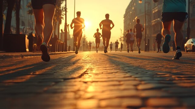 On World Health Day, a multicultural group of participants engage in a charitable walking or running event set against a blurred background