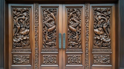 Rustic wooden door with detailed carvings.