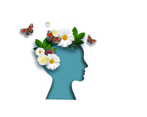 Woman head with colorful fresh flower on white background. Peace of mind, emotional balance, positive thinking.