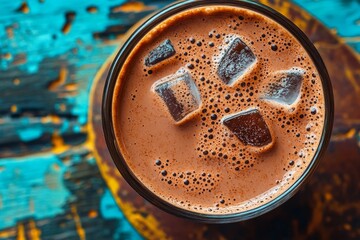 For 2025, the image features a mocha mousse colored coffee or creamy iced drink with ice cubes and droplets