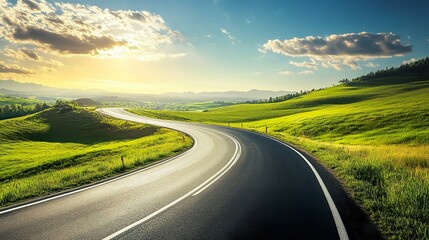 Fototapeta premium Scenic country road winding through a picturesque landscape.
