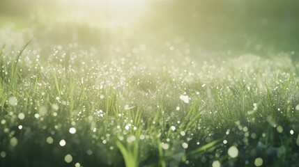 Obraz premium A close-up of dew-covered grass glistening in the soft morning light, creating a serene and tranquil outdoor atmosphere.
